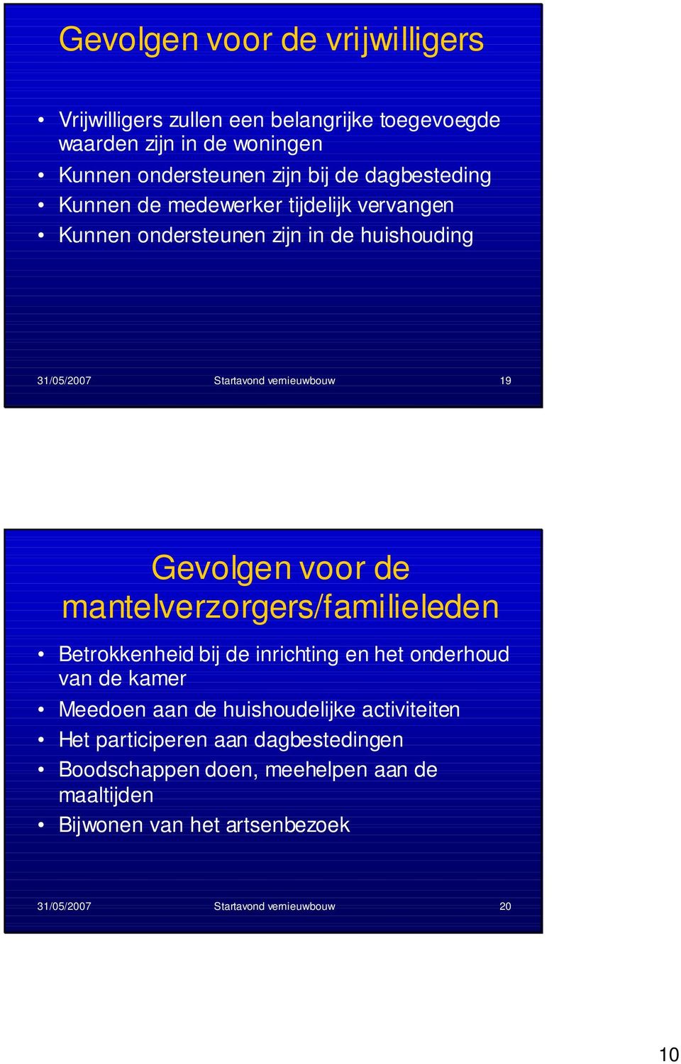 voor de mantelverzorgers/familieleden Betrokkenheid bij de inrichting en het onderhoud van de kamer Meedoen aan de huishoudelijke activiteiten