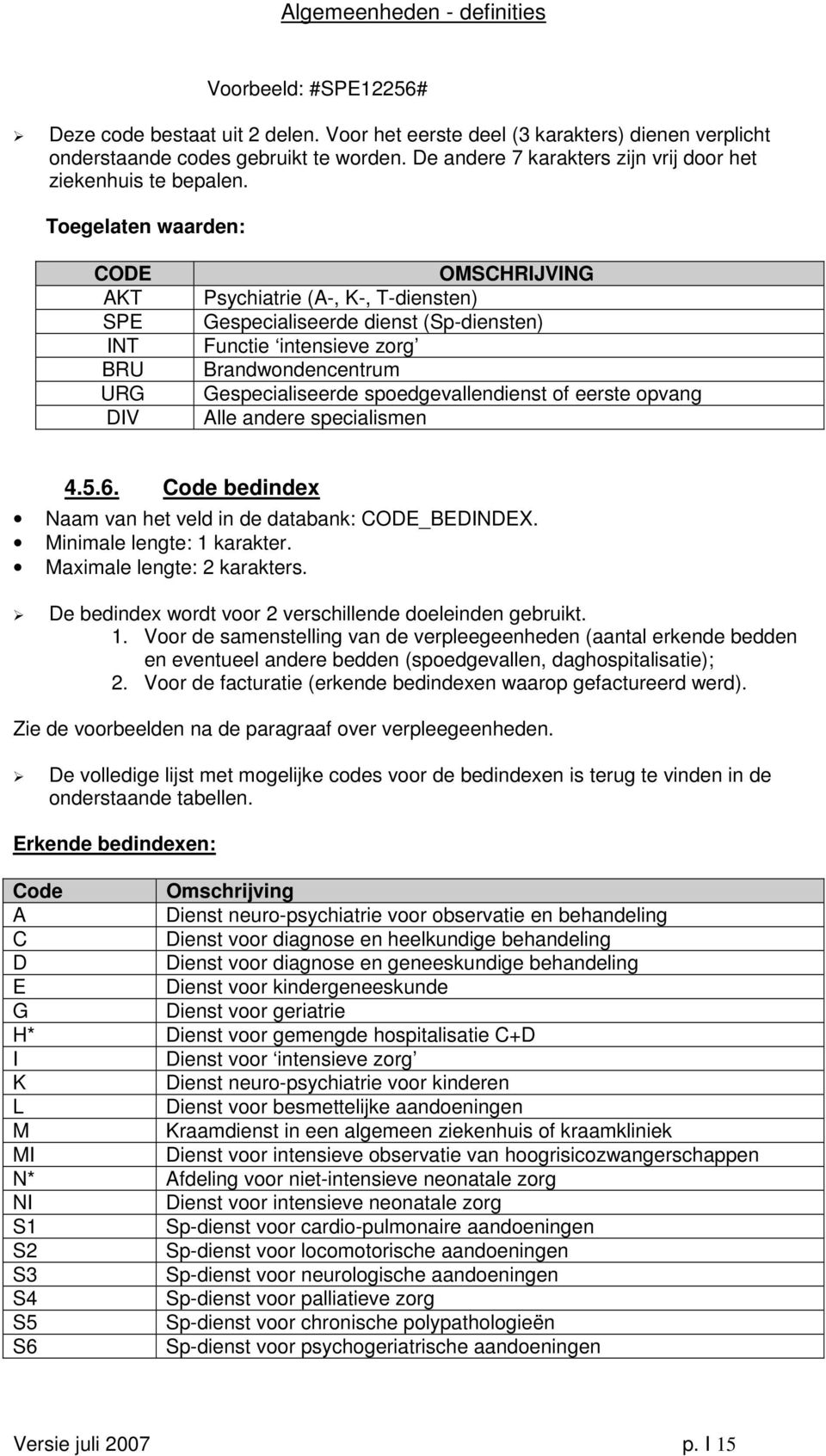 Toegelaten waarden: CODE AKT SPE INT BRU URG DIV OMSCHRIJVING Psychiatrie (A-, K-, T-diensten) Gespecialiseerde dienst (Sp-diensten) Functie intensieve zorg Brandwondencentrum Gespecialiseerde