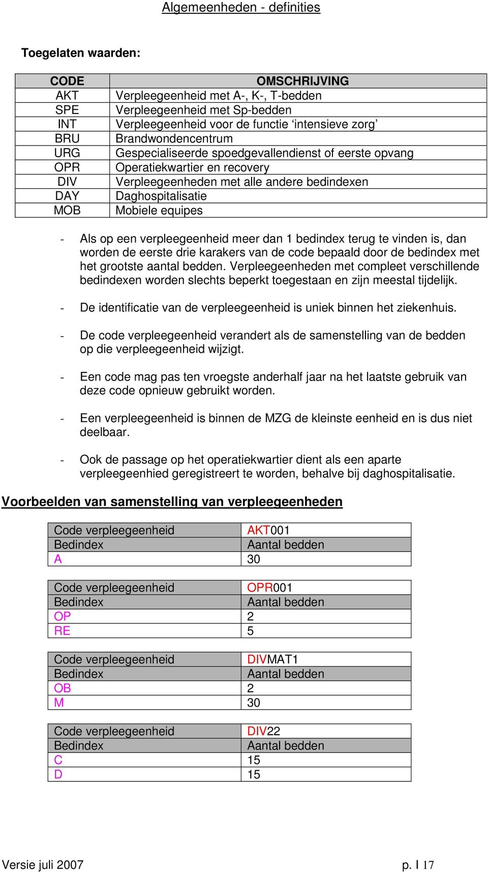 verpleegeenheid meer dan 1 bedindex terug te vinden is, dan worden de eerste drie karakers van de code bepaald door de bedindex met het grootste aantal bedden.