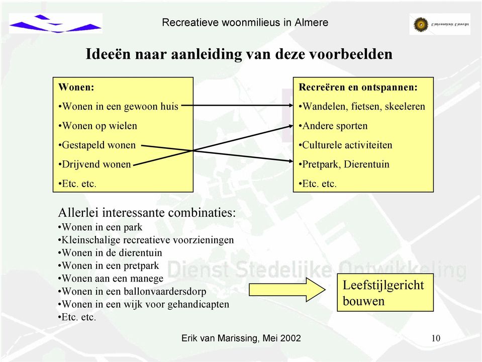 Wonen aan een manege Wonen in een ballonvaardersdorp Wonen in een wijk voor gehandicapten Etc. etc.