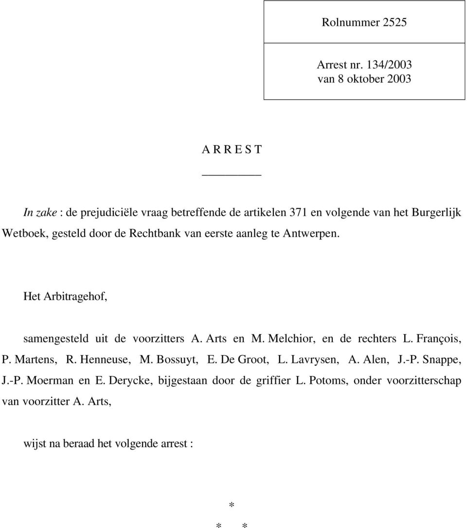 gesteld door de Rechtbank van eerste aanleg te Antwerpen. Het Arbitragehof, samengesteld uit de voorzitters A. Arts en M.