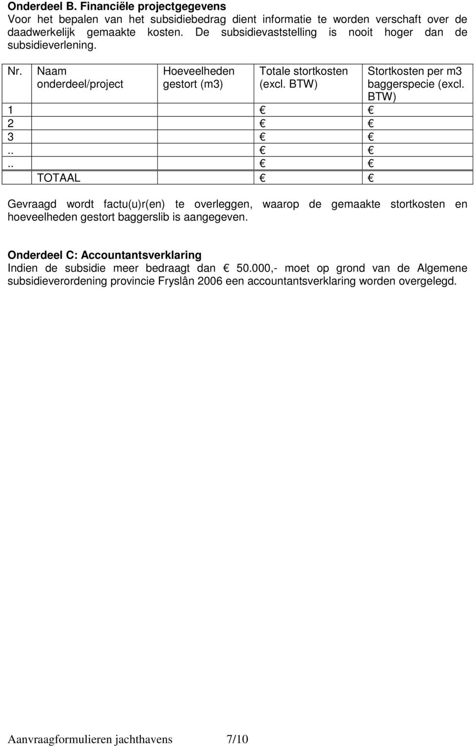 ... TOTAAL Stortkosten per m3 baggerspecie (excl. BTW) Gevraagd wordt factu(u)r(en) te overleggen, waarop de gemaakte stortkosten en hoeveelheden gestort baggerslib is aangegeven.