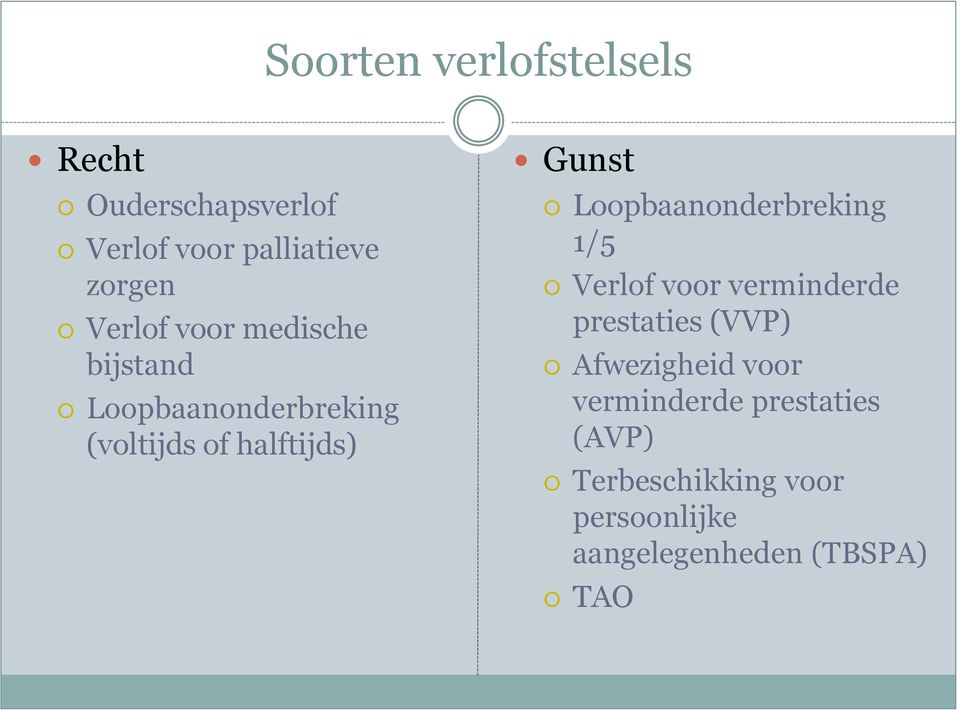 Loopbaanonderbreking 1/5 Verlof voor verminderde prestaties (VVP) Afwezigheid voor