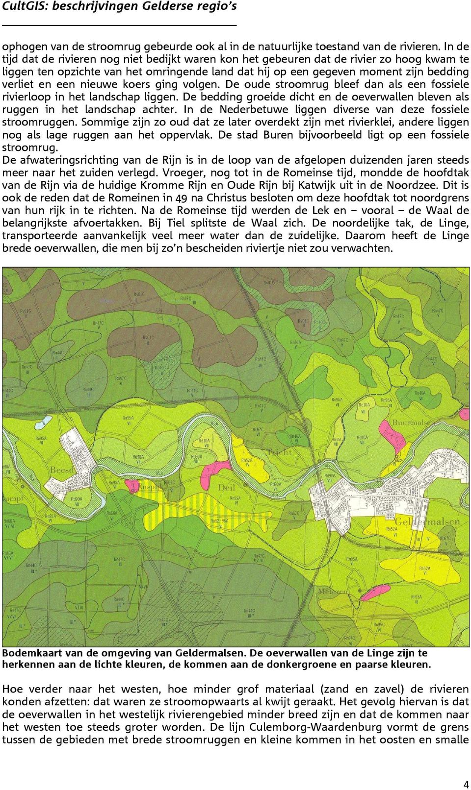 nieuwe koers ging volgen. De oude stroomrug bleef dan als een fossiele rivierloop in het landschap liggen. De bedding groeide dicht en de oeverwallen bleven als ruggen in het landschap achter.