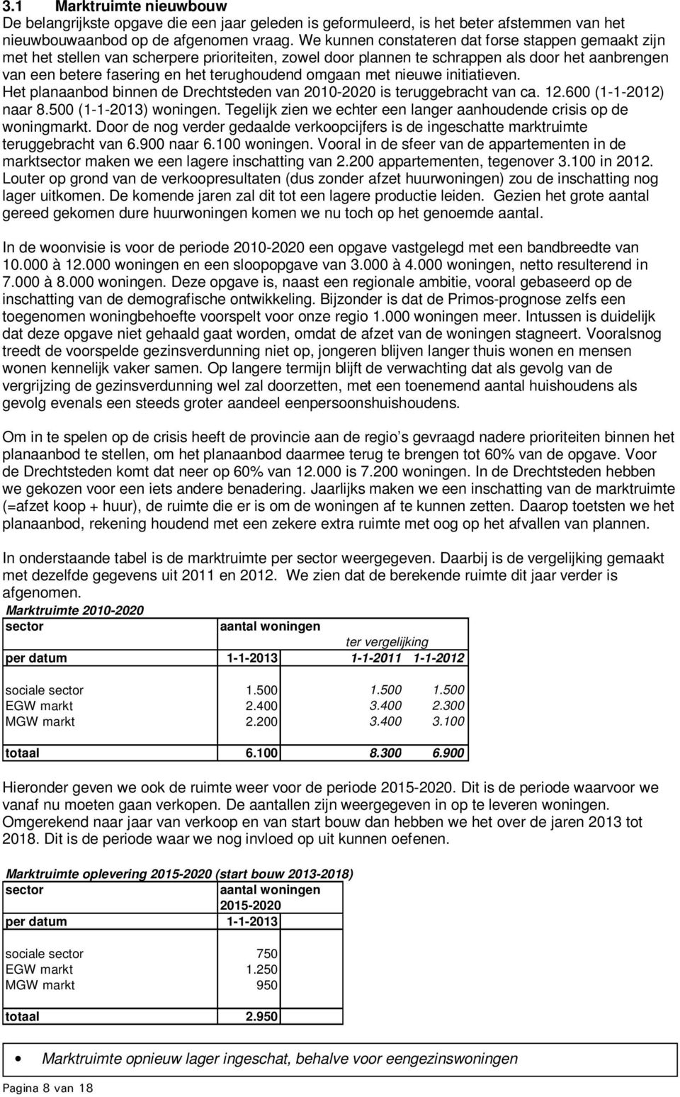 omgaan met nieuwe initiatieven. Het planaanbod binnen de Drechtsteden van 2010-2020 is teruggebracht van ca. 12.600 (1-1-2012) naar 8.500 (1-1-2013) woningen.