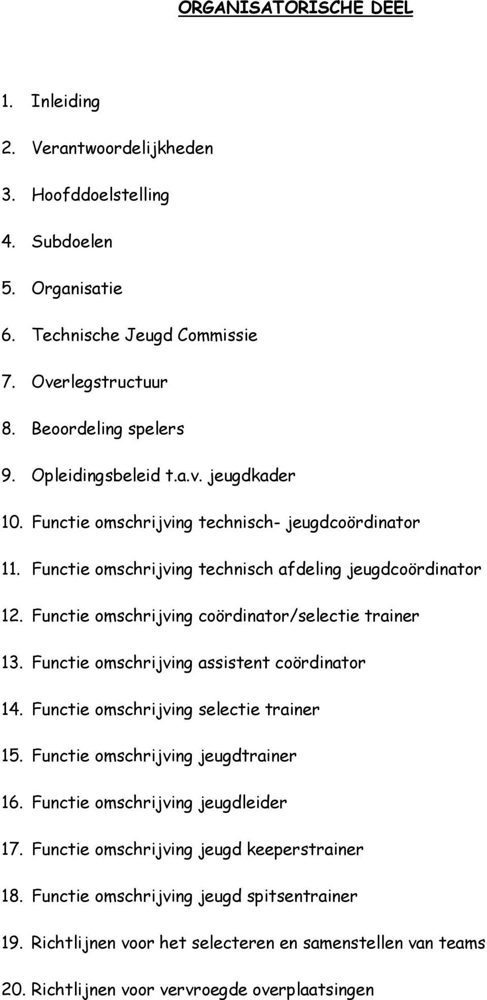 Functie omschrijving coördinator/selectie trainer 13. Functie omschrijving assistent coördinator 14. Functie omschrijving selectie trainer 15. Functie omschrijving jeugdtrainer 16.