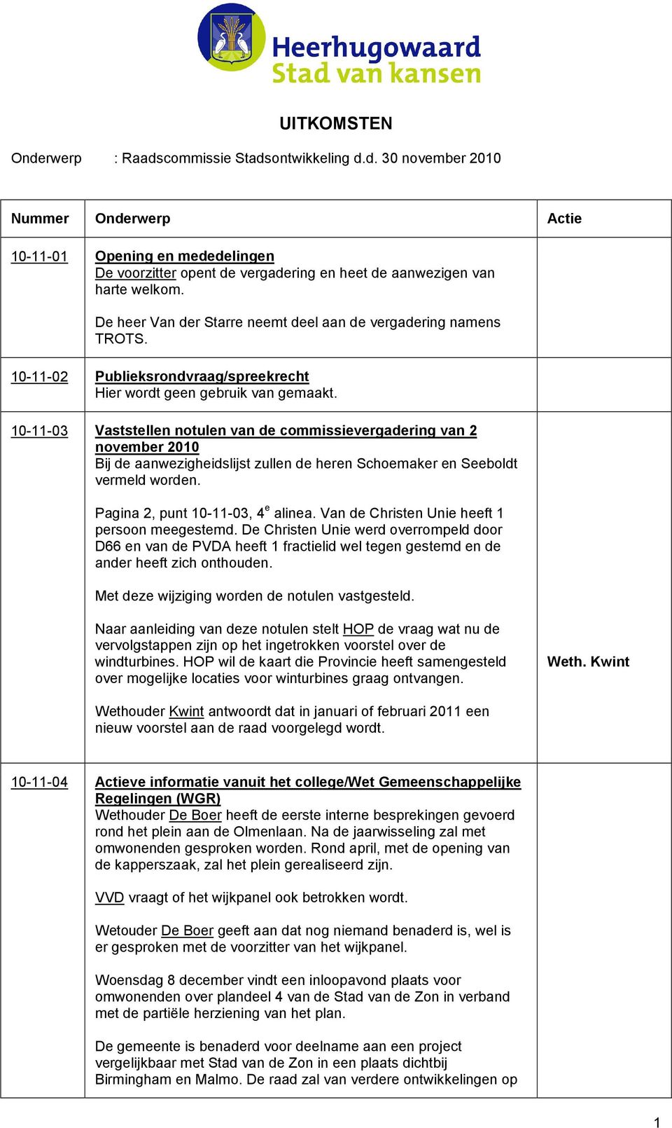 10-11-03 Vaststellen notulen van de commissievergadering van 2 november 2010 Bij de aanwezigheidslijst zullen de heren Schoemaker en Seeboldt vermeld worden. Pagina 2, punt 10-11-03, 4 e alinea.