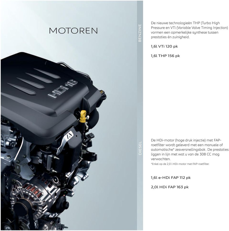 1,6l VTi 120 pk 1,6l THP 156 pk DIESEL De HDi-motor (hoge druk injectie) met FAProetfilter wordt geleverd met een manuele