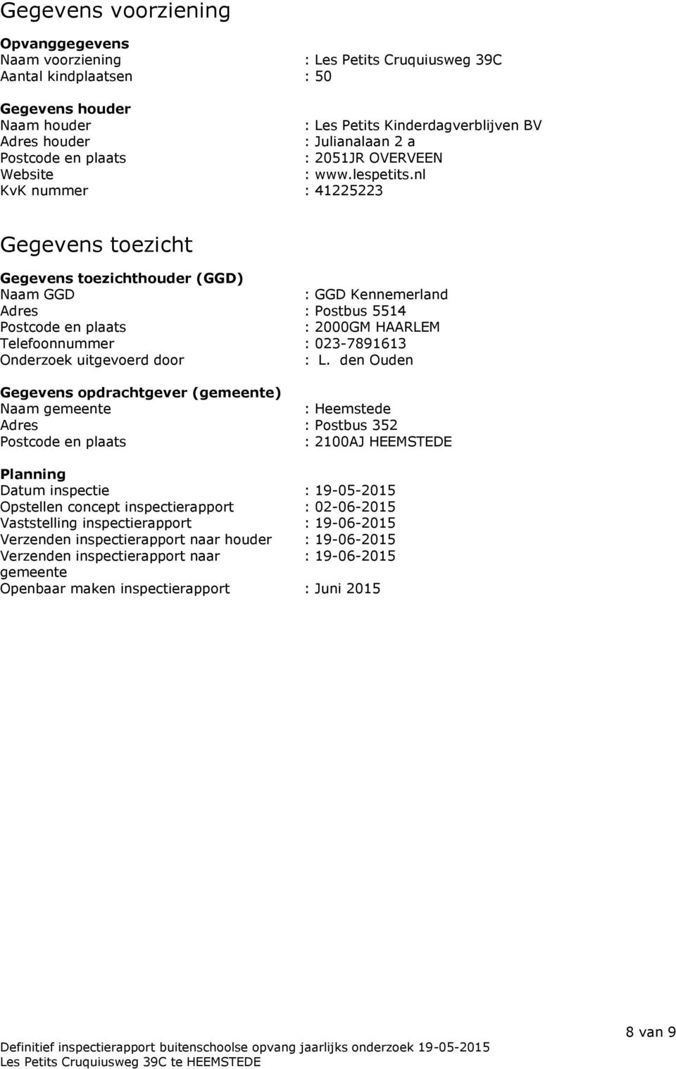 nl KvK nummer : 41225223 Gegevens toezicht Gegevens toezichthouder (GGD) Naam GGD : GGD Kennemerland Adres : Postbus 5514 Postcode en plaats : 2000GM HAARLEM Telefoonnummer : 023-7891613 Onderzoek