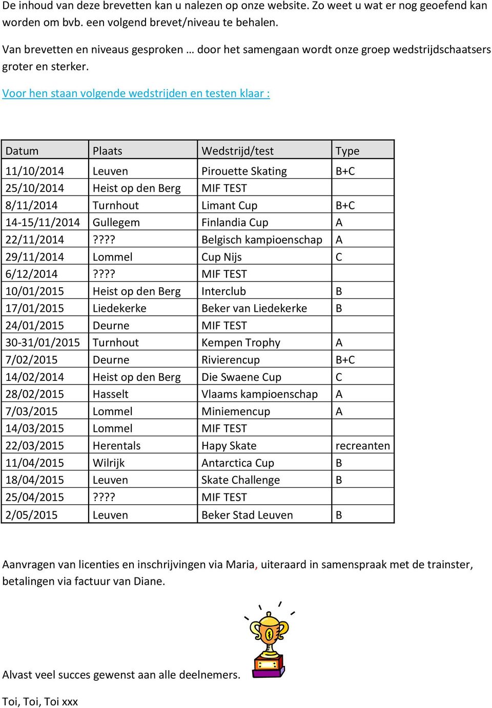 Voor hen staan volgende wedstrijden en testen klaar : Datum Plaats Wedstrijd/test Type 11/10/2014 Leuven Pirouette Skating B+C 25/10/2014 Heist op den Berg MIF TEST 8/11/2014 Turnhout Limant Cup B+C