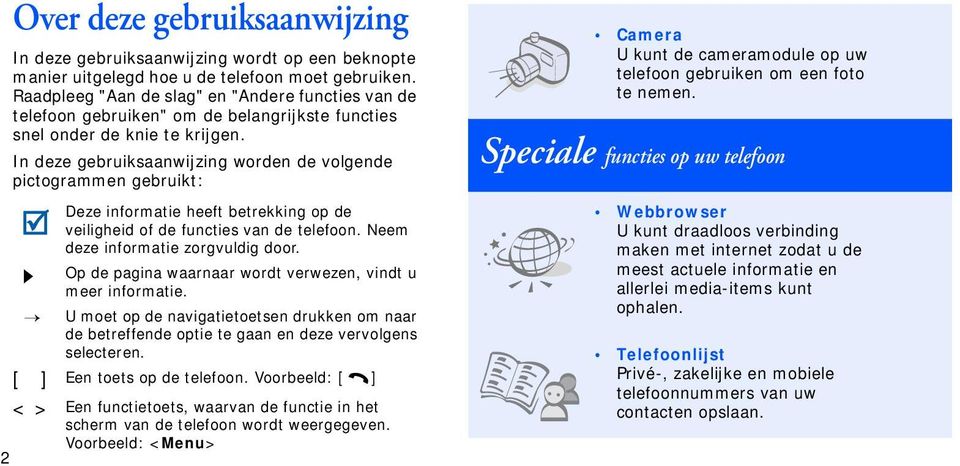 In deze gebruiksaanwijzing worden de volgende pictogrammen gebruikt: Deze informatie heeft betrekking op de veiligheid of de functies van de telefoon. Neem deze informatie zorgvuldig door.