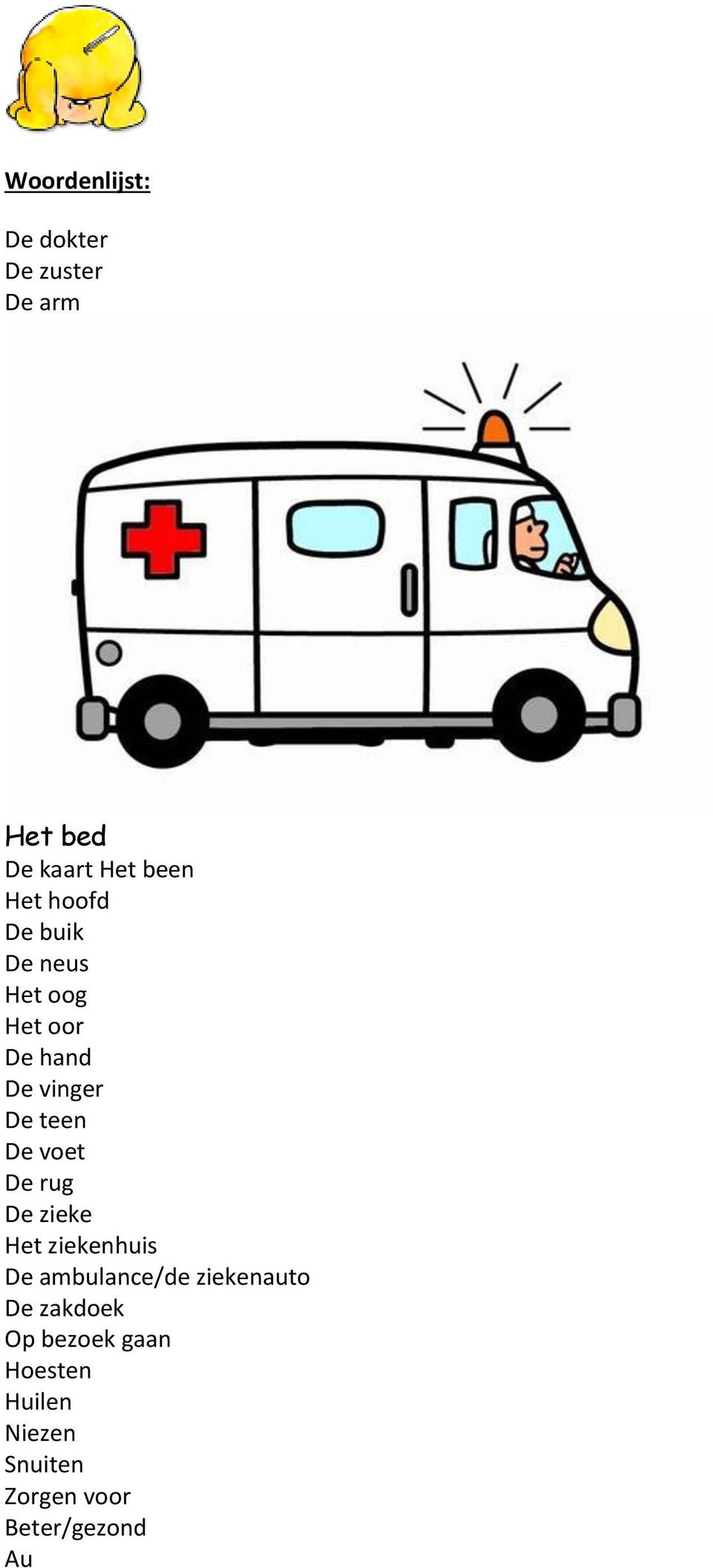 voet De rug De zieke Het ziekenhuis De ambulance/de ziekenauto De