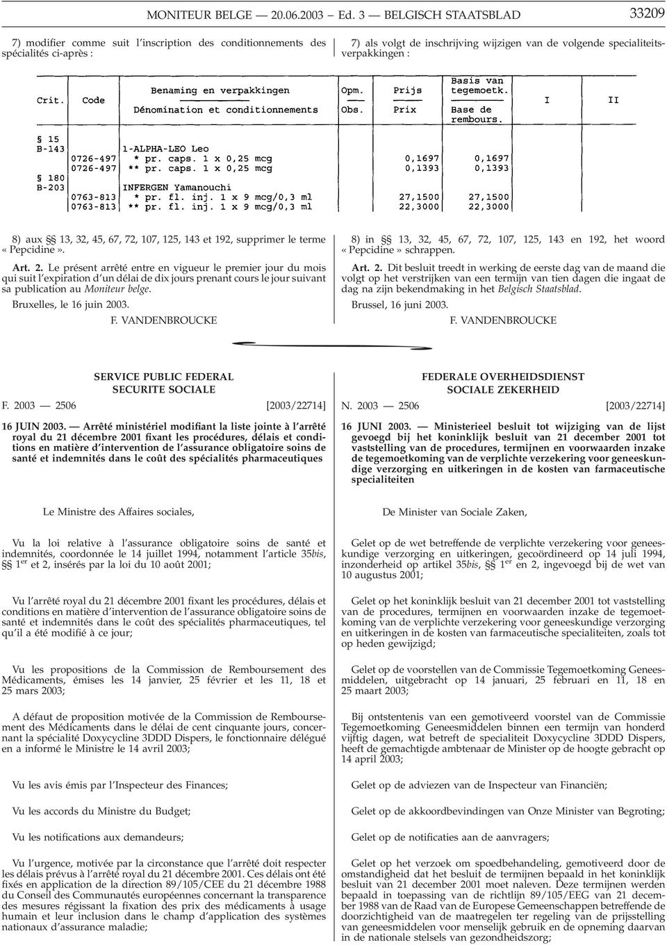 Le présent arrêté entre en vigueur le premier jour du mois qui suit l expiration d un délai de dix jours prenant cours le jour suivant sa publication au Moniteur belge. Bruxelles, le 16 juin 2003. F.