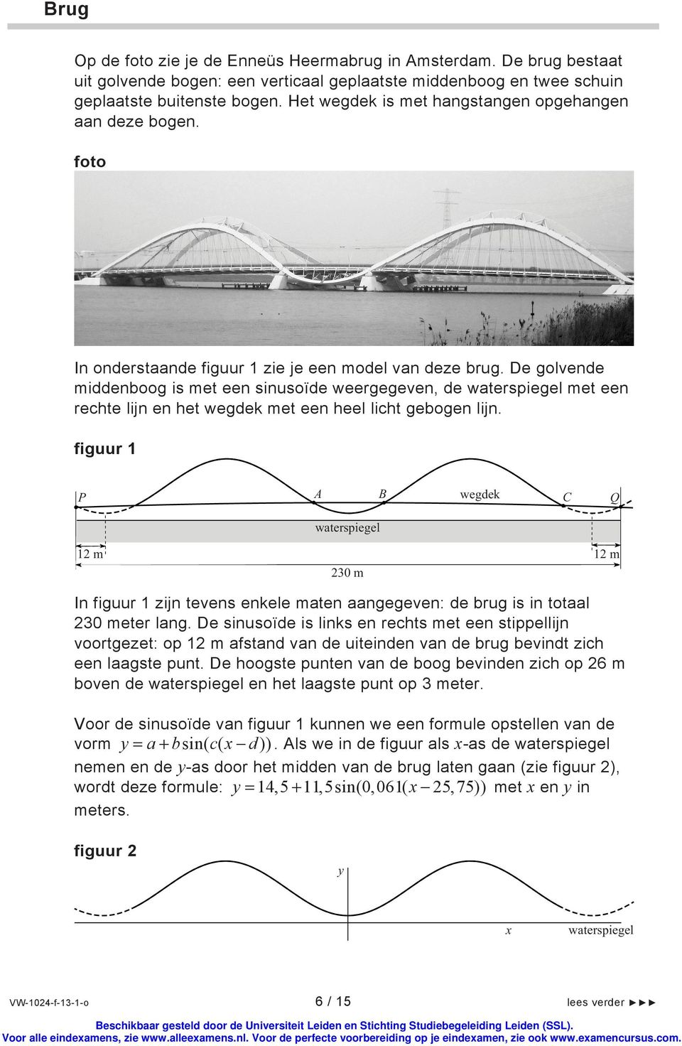 De golvende middenboog is met een sinusoïde weergegeven, de waterspiegel met een rechte lijn en het wegdek met een heel licht gebogen lijn.