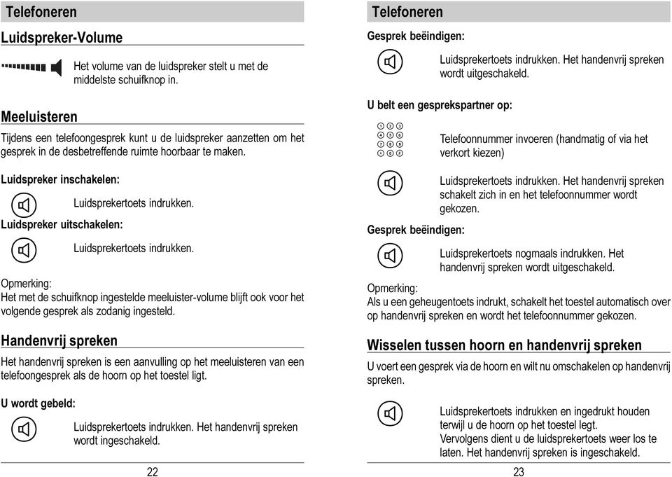 Luidspreker inschakelen: Ò Luidspreker uitschakelen: Ò Luidsprekertoets indrukken. Luidsprekertoets indrukken. Het met de schuifknop ingestelde meeluister-volume blijft ook voor het volgende gesprek als zodanig ingesteld.