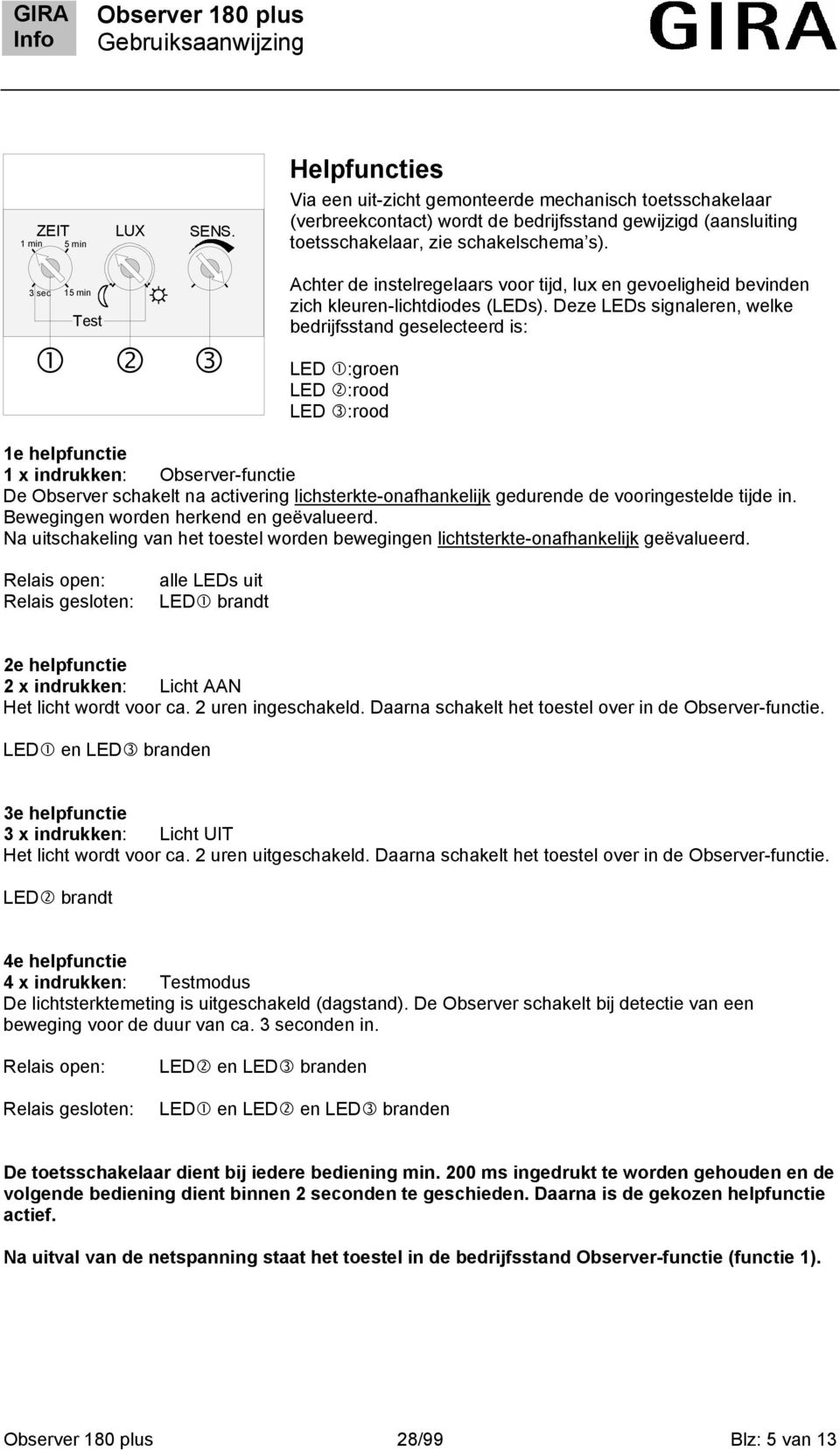 Deze EDs signaleren, welke bedrijfsstand geselecteerd is: ED : groen ED : rood ED : rood e helpfunctie x indrukken: Observer-functie De Observer schakelt na activering lichsterkte-onafhankelijk