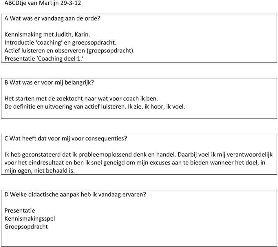 De definitie en uitvoering van actief luisteren. Ik zie, ik hoor, ik voel. Ik heb geconstateerd dat ik probleemoplossend denk en handel.