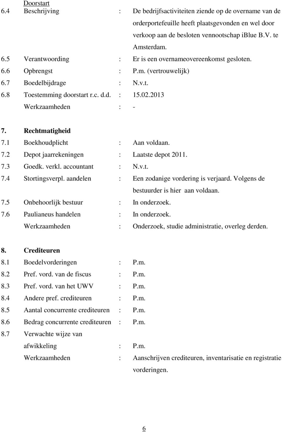 7.3 Goedk. verkl. accountant : N.v.t. 7.4 Stortingsverpl. aandelen : Een zodanige vordering is verjaard. Volgens de bestuurder is hier aan voldaan. 7.5 Onbehoorlijk bestuur : In onderzoek. 7.6 Paulianeus handelen : In onderzoek.