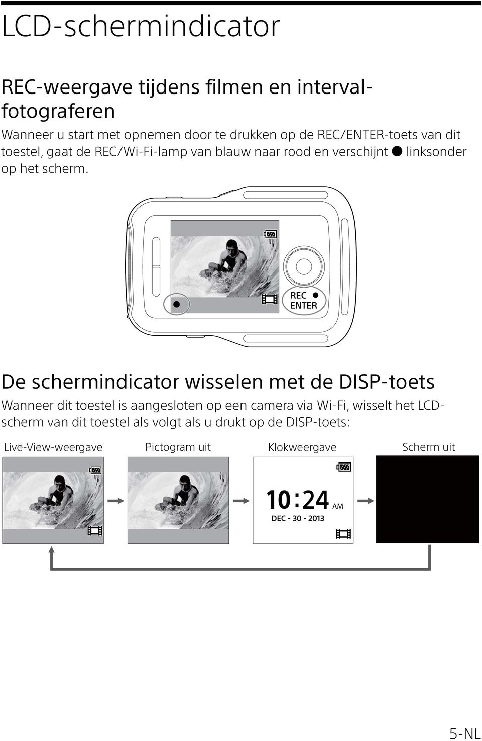 REC ENTER De schermindicator wisselen met de DISP-toets Wanneer dit toestel is aangesloten op een camera via Wi-Fi, wisselt