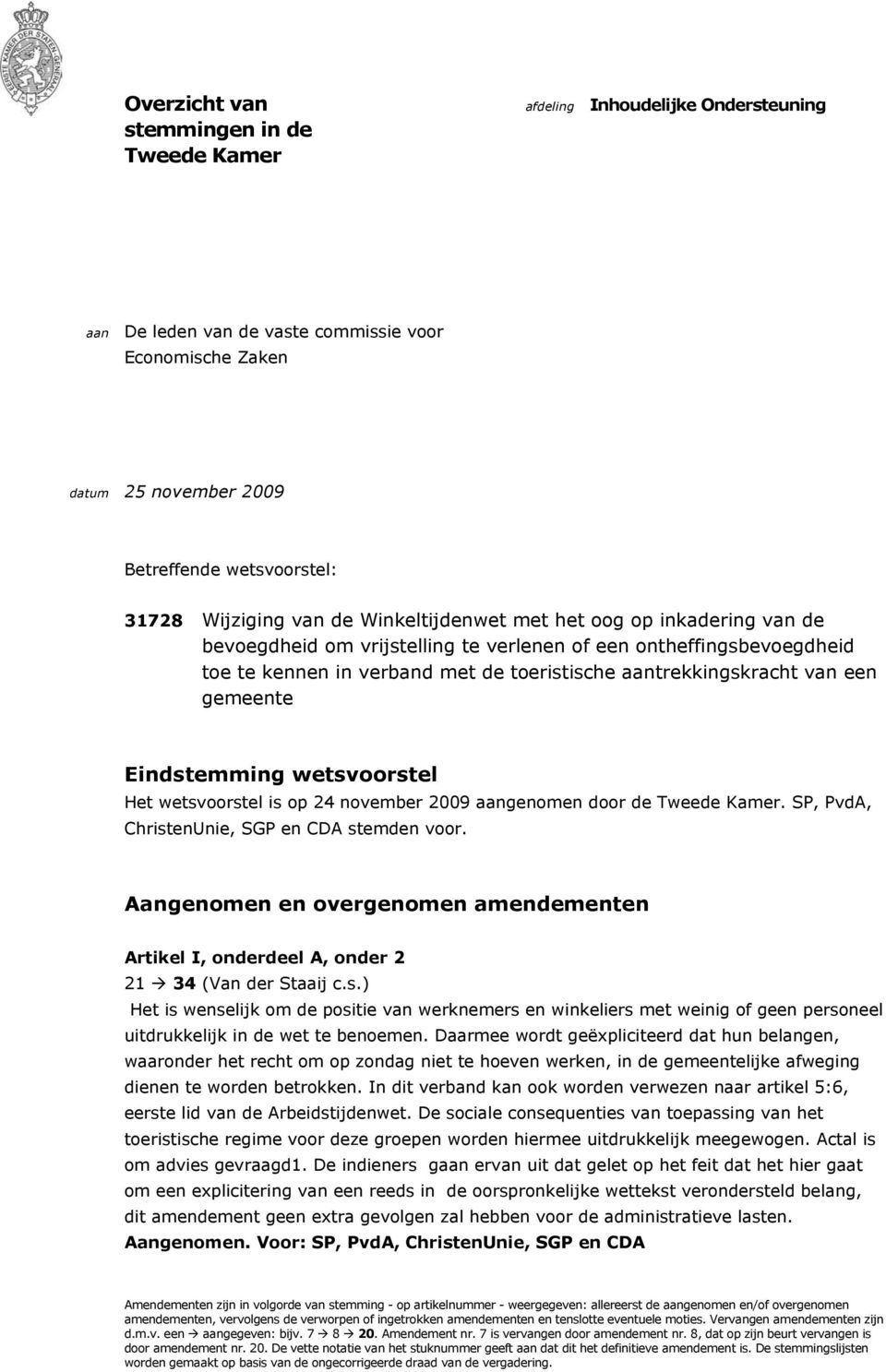 van een gemeente Eindstemming wetsvoorstel Het wetsvoorstel is op 24 november 2009 aangenomen door de Tweede Kamer. SP, PvdA, ChristenUnie, SGP en CDA stemden voor.