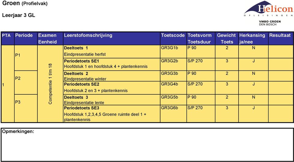 1 Periodetoets SE2 GR3G4b S/P 270 3 J Hoofdstuk 2 en 3 + plantenkennis P3 Opmerkingen: GR3G5b P 90 2 N