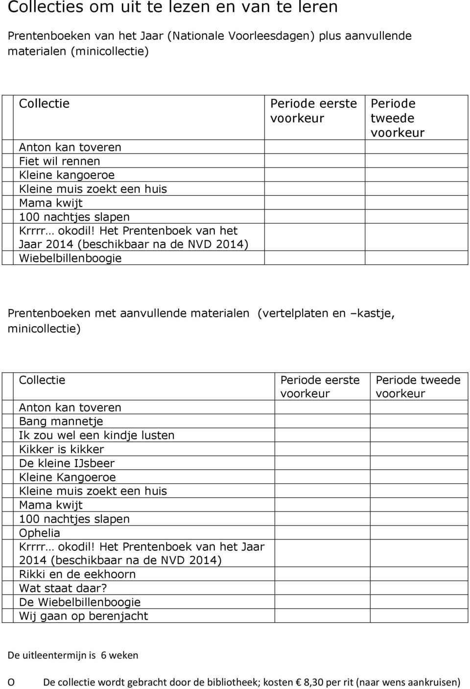 Het Prentenboek van het Jaar 2014 (beschikbaar na de NVD 2014) Wiebelbillenboogie Periode eerste voorkeur Periode tweede voorkeur Prentenboeken met aanvullende materialen (vertelplaten en kastje,