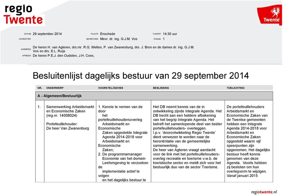 Samenwerking Arbeidsmarkt en Economische Zaken (reg.nr. 14008024) De heer Van Zwanenburg 1.