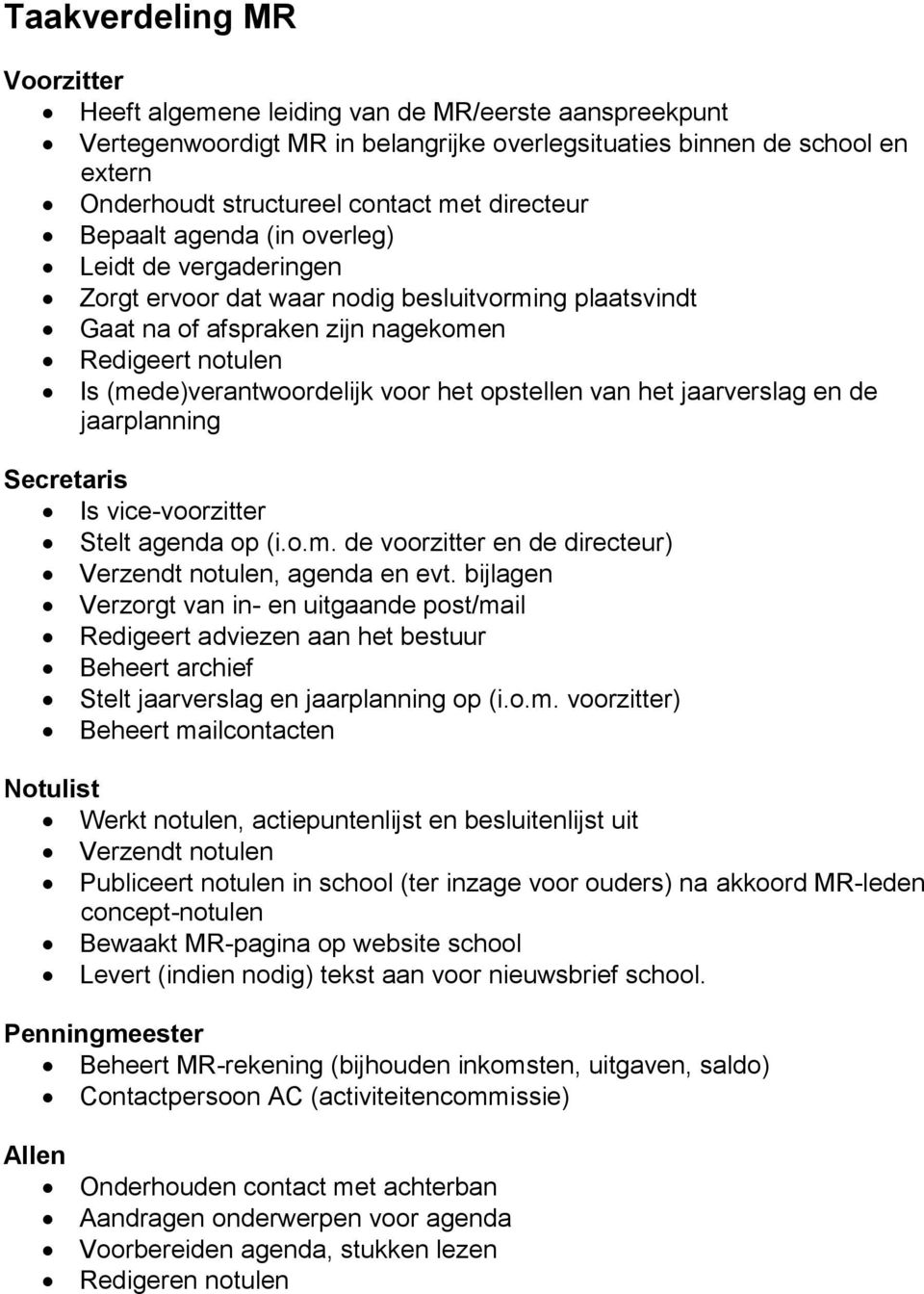 voor het opstellen van het jaarverslag en de jaarplanning Secretaris Is vice-voorzitter Stelt agenda op (i.o.m. de voorzitter en de directeur) Verzendt notulen, agenda en evt.