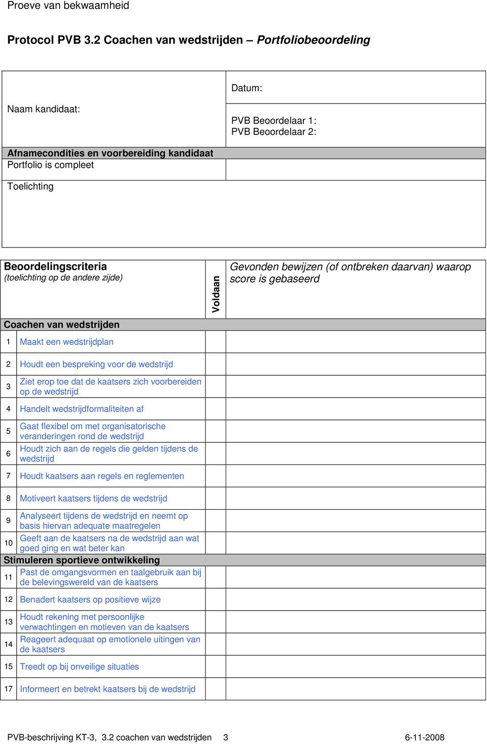 Beoordelingscriteria (toelichting op de andere zijde) Coachen van wedstrijden 1 Maakt een wedstrijdplan Voldaan Gevonden bewijzen (of ontbreken daarvan) waarop score is gebaseerd 2 Houdt een