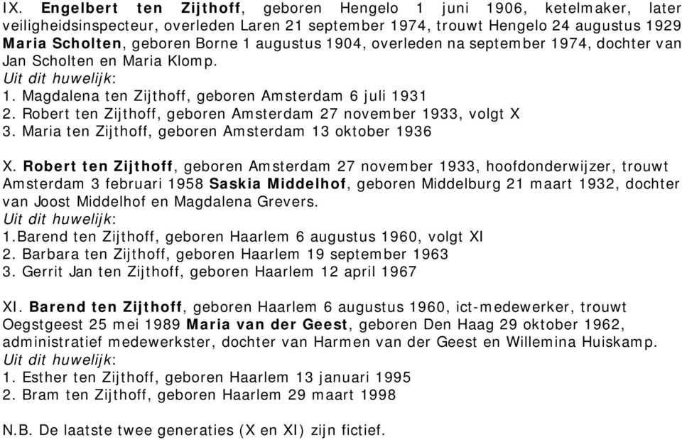 Robert ten Zijthoff, geboren Amsterdam 27 november 1933, volgt X 3. Maria ten Zijthoff, geboren Amsterdam 13 oktober 1936 X.