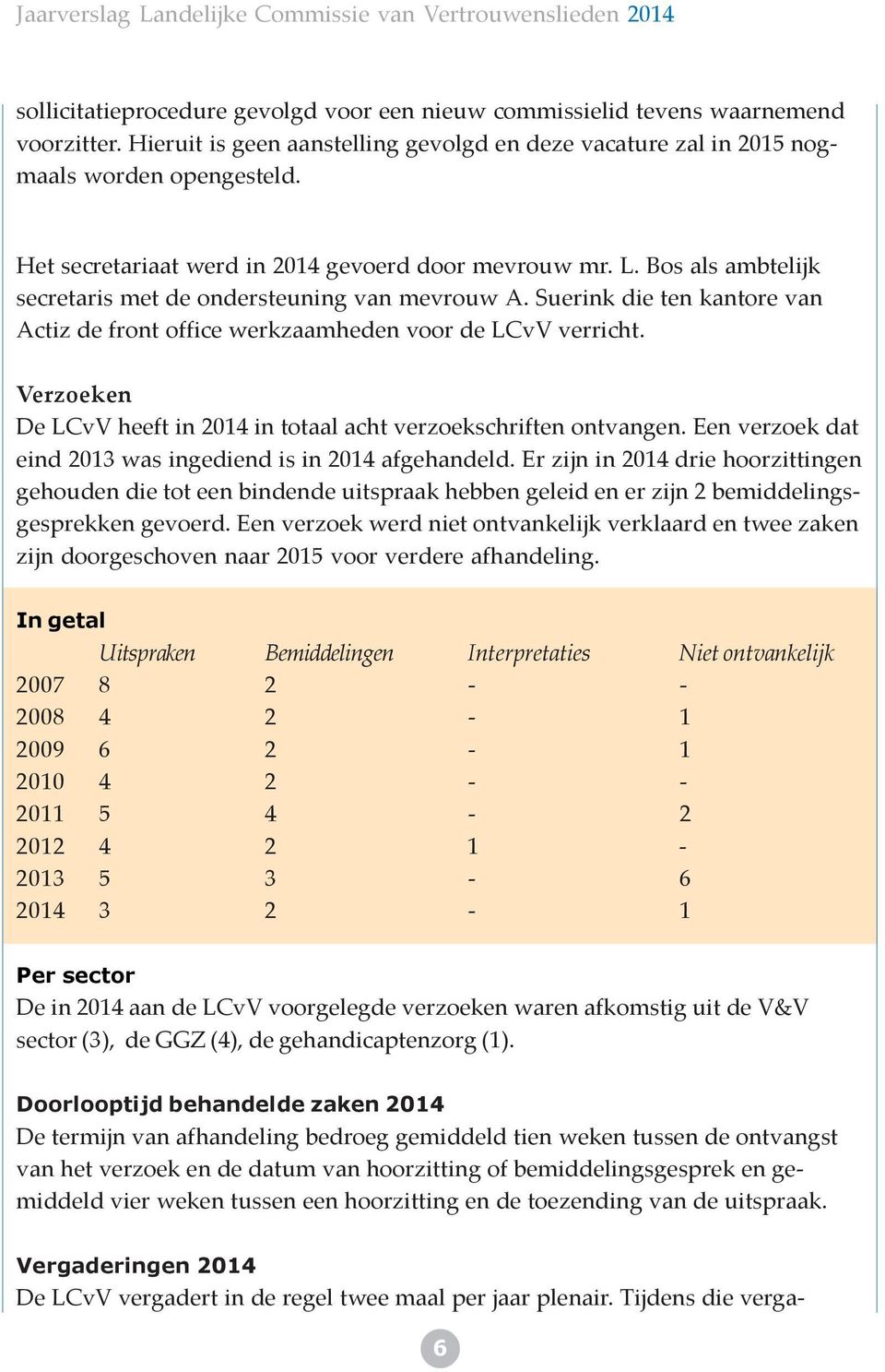 Bos als ambtelijk secretaris met de ondersteuning van mevrouw A. Suerink die ten kantore van Actiz de front office werkzaamheden voor de LCvV verricht.