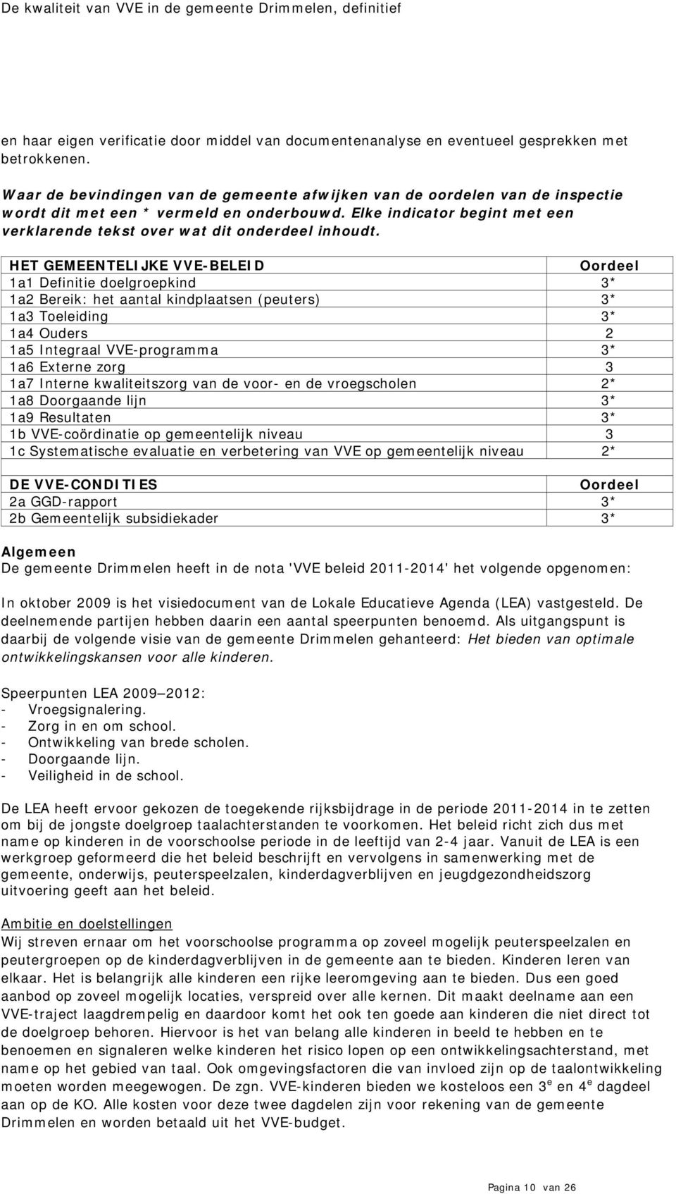 HET GEMEENTELIJKE VVE-BELEID Oordeel 1a1 Definitie doelgroepkind 3* 1a2 Bereik: het aantal kindplaatsen (peuters) 3* 1a3 Toeleiding 3* 1a4 Ouders 2 1a5 Integraal VVE-programma 3* 1a6 Externe zorg 3