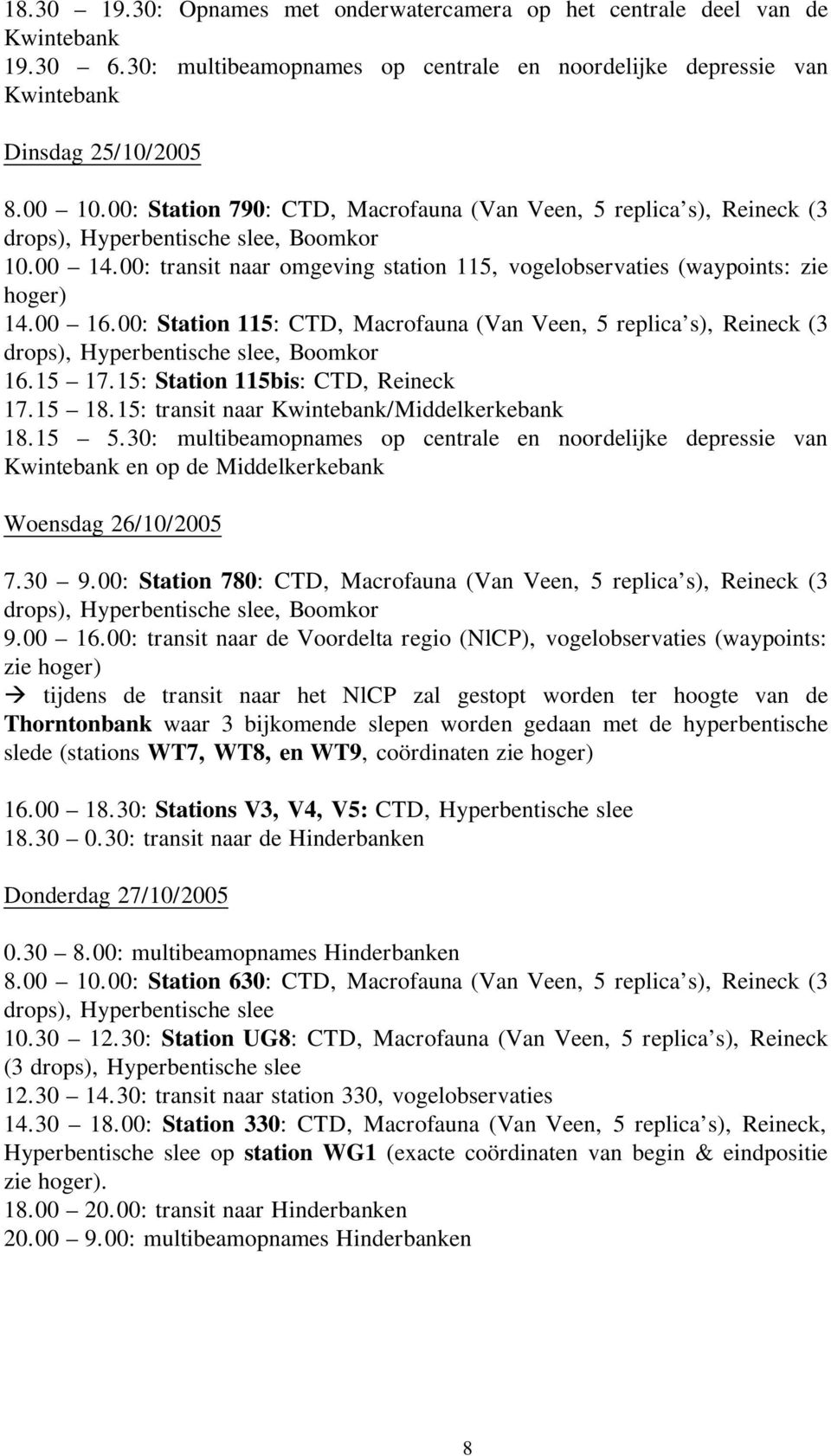 00 16.00: Station 115: CTD, Macrofauna (Van Veen, 5 replica s), Reineck (3 drops), Hyperbentische slee, Boomkor 16.15 17.15: Station 115bis: CTD, Reineck 17.15 18.