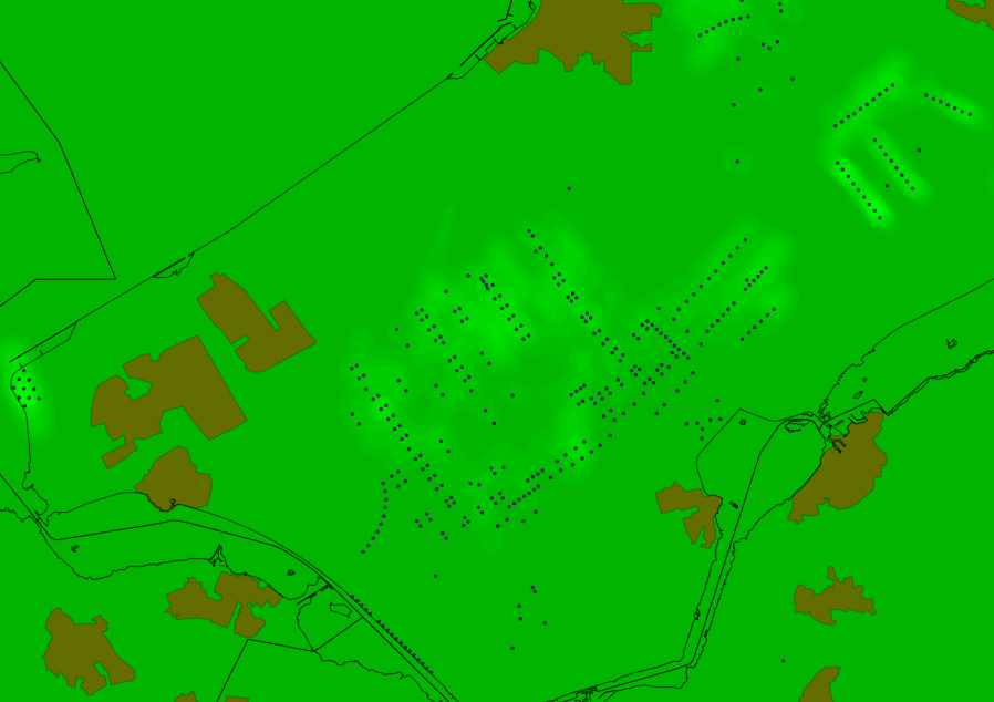 Figuur 18: De radardetectiekans boven de Flevopolder. Aan de lichtere kleuren groen is te zien dat de windturbines een verlaging van de detectiekans ter hoogte van een park veroorzaken.