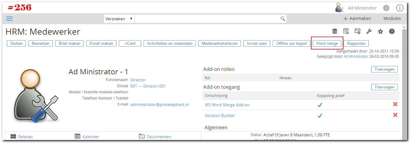 1 Functionele beschrijving MS Word Merge Add-on SE Er zijn twee manieren om een merge-actie op te starten. Dit kan via een standaard zoekscherm (medewerkers, relaties, etc.