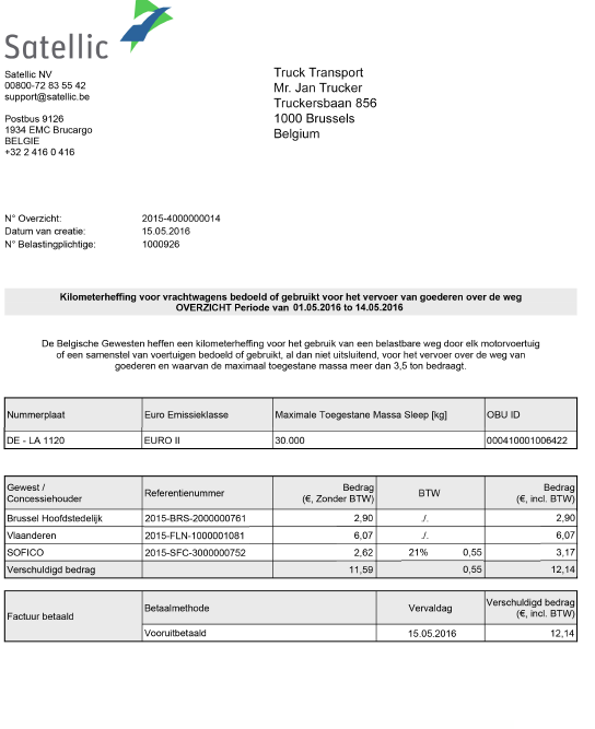 4.4 Overzichtsdocument Het overzichtsdocument wordt gegenereerd in de taal van uw voorkeur (Nederlands, Frans, Engels of Duits) en bevat per gewest een overzicht van alle verschuldigde bedragen voor