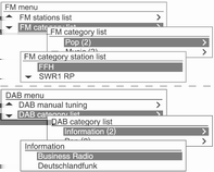 Infotainmentsysteem 123 AM/FM/DAB-menu Favorietenlijst AM/FM-menu AM/FM-zenderlijst bijwerken FM/DAB-menu FM/DABcategorielijst Draai in het AM-menu/FM-menu/ DAB-menu aan TUNE om de Favorietenlijst te