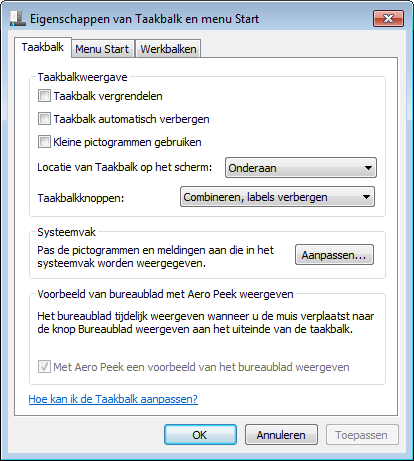 In het tabblad Taakbalk geef je aan hoe de taakbalk in beeld moet komen. Via de knop Aanpassen kun je aangeven welke onderdelen in het systeemvak moeten staan.