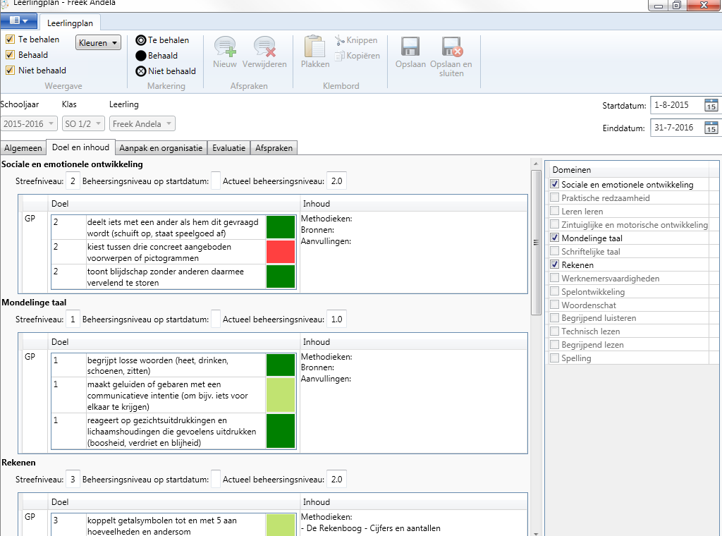 beschikbaar zijn. In de linkerkolom ziet u per domein welke doelen er gesteld zijn in het groepsplan en welke in het handelingsplan, indien dat voor de leerling opgesteld is.