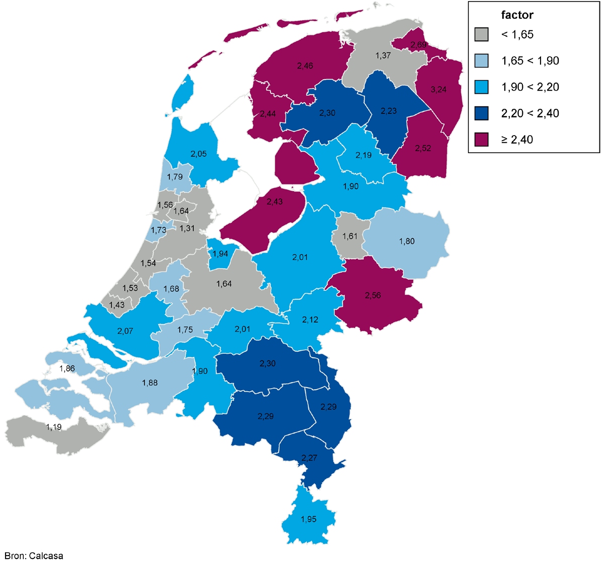 Figuur 8 Aanbod/verkoopquote alle woningen per Corop-regio in Nederland in het tweede kwartaal van 2012 Over heel Nederland ligt de verhouding tussen het aantal te koop staande woningen en het