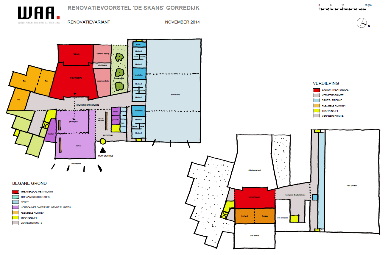 noodzakelijke knelpunten opgelost (podium en kleedkamers onder het podium, kleedruimte en vluchtroutes bij de sporthal, overige arbo- en brandweervereisten).