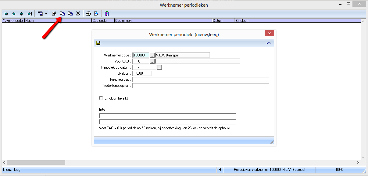 Als een periodiek is toegekend aan een werknemer moet dat worden opgeslagen bij de werknemer in het werknemerscherm via Bestand -> Periodieken.