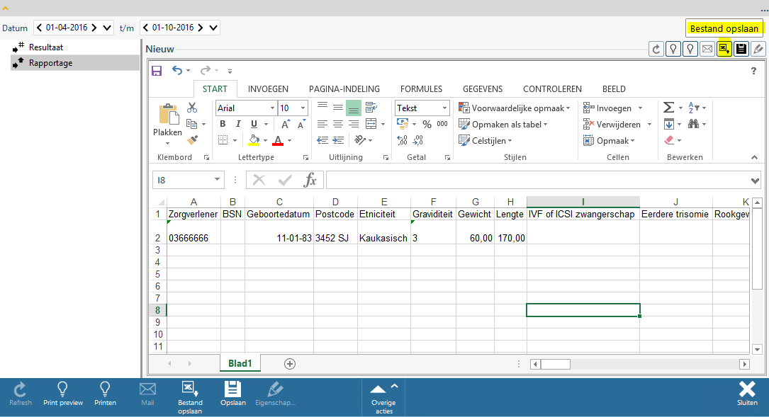 Afbeelding 2, Resultaatscherm Zodra alle gegevens compleet of aangevuld zijn, kan onder het tweede kopje, genaamd Rapportage, de Excel output gegenereerd worden.