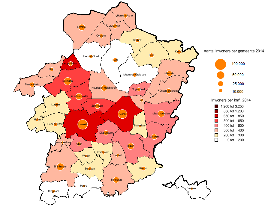 Figuur 2: Aantal inwoners en bevolkingsdichtheid per gemeente in 2014 Bron gegevens: ADSEI - Kaart: IDEA Consult De evolutie van de bevolking varieert sterk per gemeente, zelfs binnen de