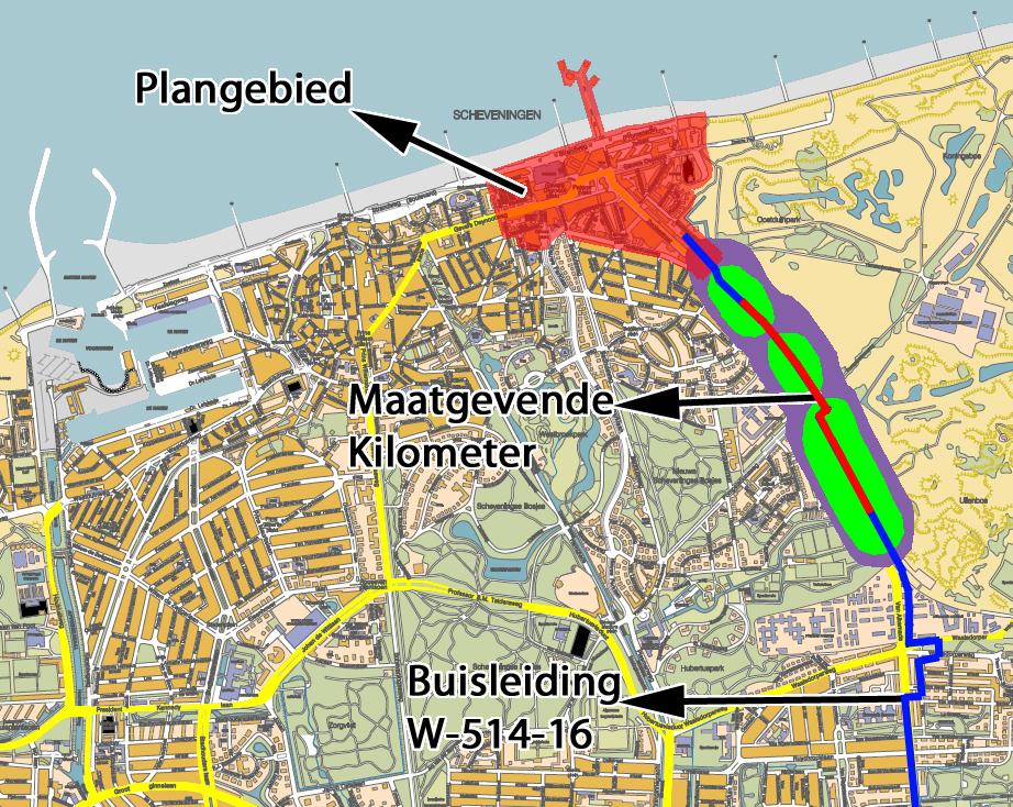 Figuur 4, overzichtstekening met maatgevende kilometer en plaatsgebonden risico voor buisleiding W-514-16 Op basis van de groepsrisicoberekening voor de één-kilometer-segmenten in de huidige situatie