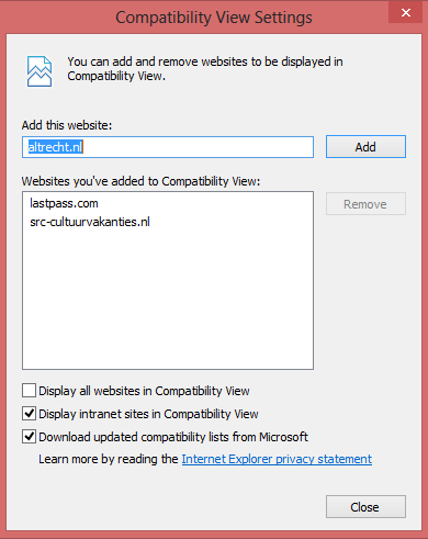 )) Maak hierna de keuze voor Extra (Tools) en dan de optie Compatibiliteitsweergave (Compability View Settings.