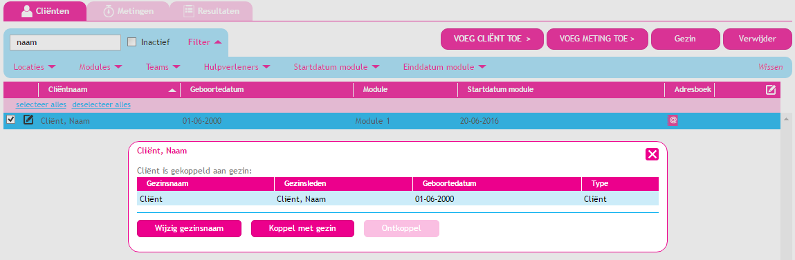 5. Gezinnen (optioneel) Wanneer verschillende gezinsleden aangemeld zijn voor een behandeling of zorgtraject wordt ieder gezinslid individueel geregistreerd in BergOp.