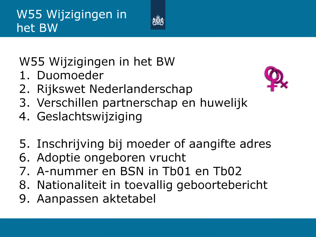 Wijziging 55 Wijzigingen in het BW Het betreft de volgende wijzigingen: 1. 33.032 Het juridisch ouderschap van de vrouwelijke partner van de moeder.