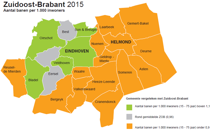 Ontwikkeling van de werkgelegenheid tussen 2014 en 2015 in de regio Aantal banen