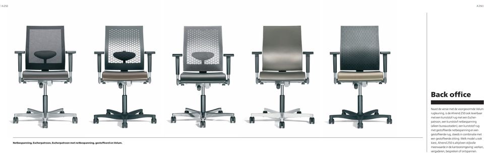 kunststof netbespanning (alleen bureau stoelen), een kunststof rug met gestoffeerde netbespanning en een gestoffeerde rug, steeds in
